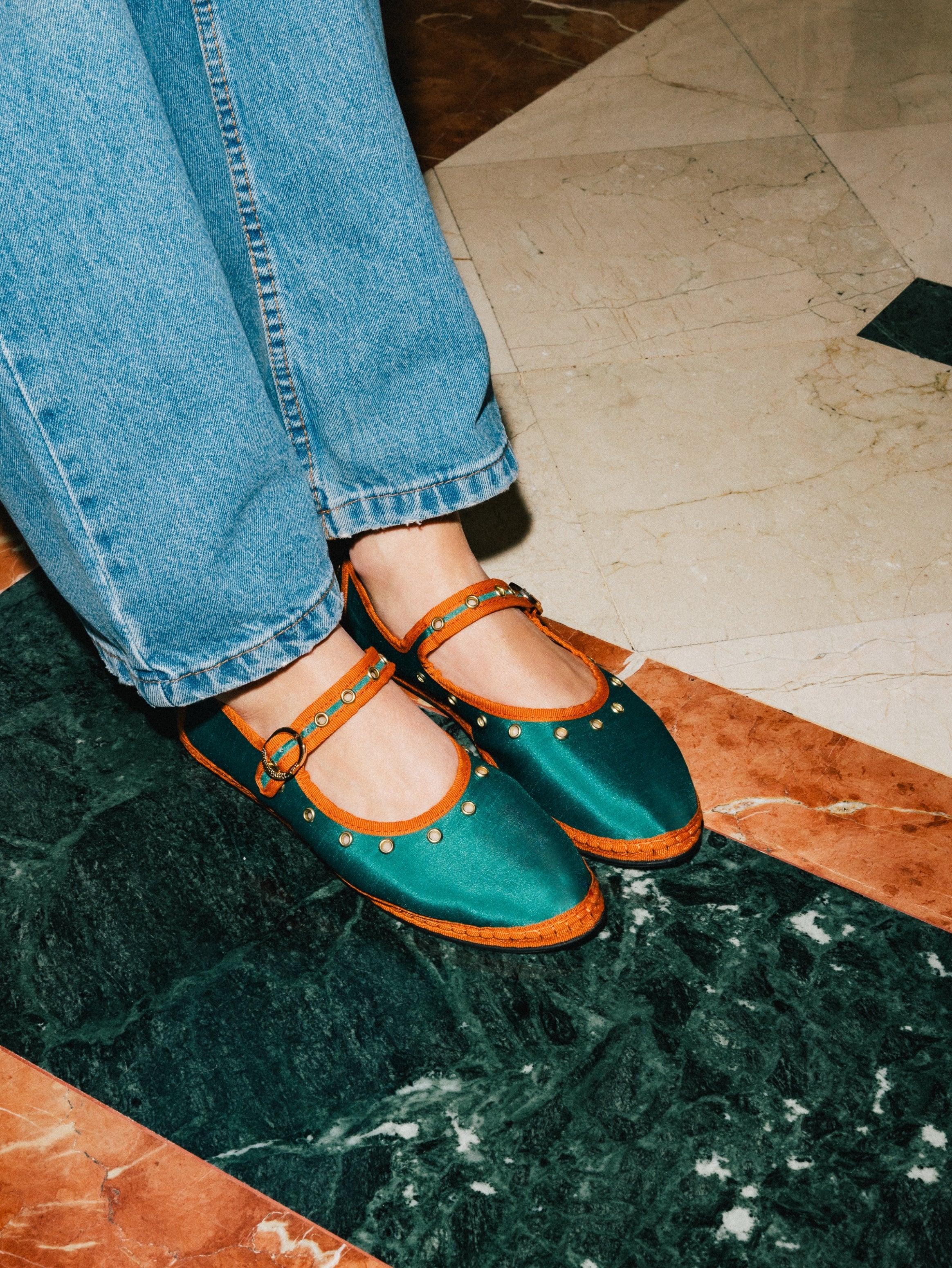 Mary Jane Studs Satin Green